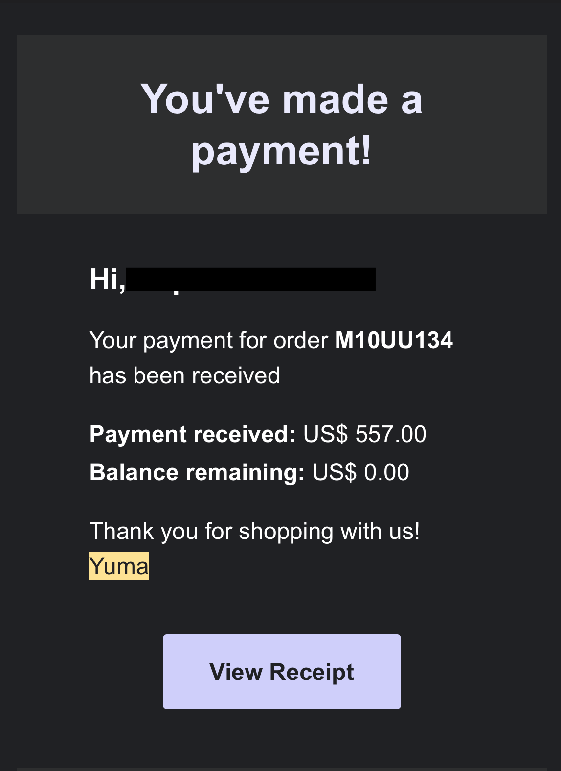 Incorrect receipt example 3